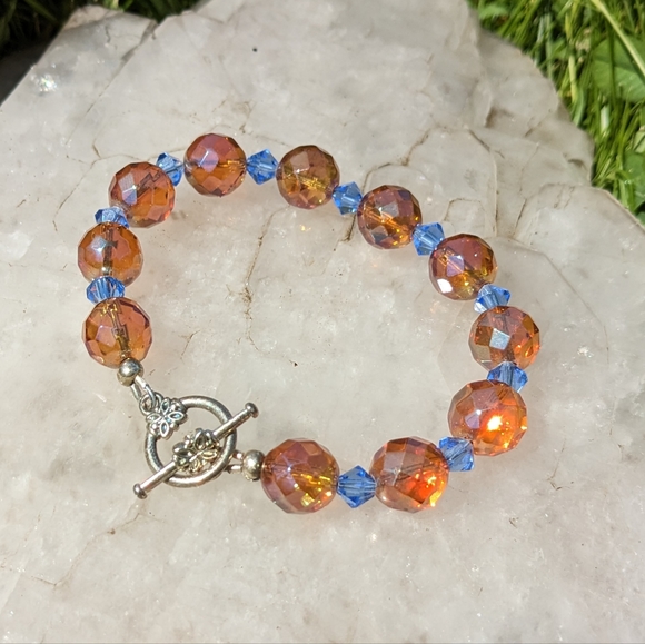 Handmade Faceted Tangerine Aura Quartz and Blue Bicone Bracelet - 6 3/4" - Picture 5 of 5